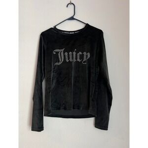 Juicy Couture Black Velour Long Sleeve Top Rhinestone Logo Sleepwear‎